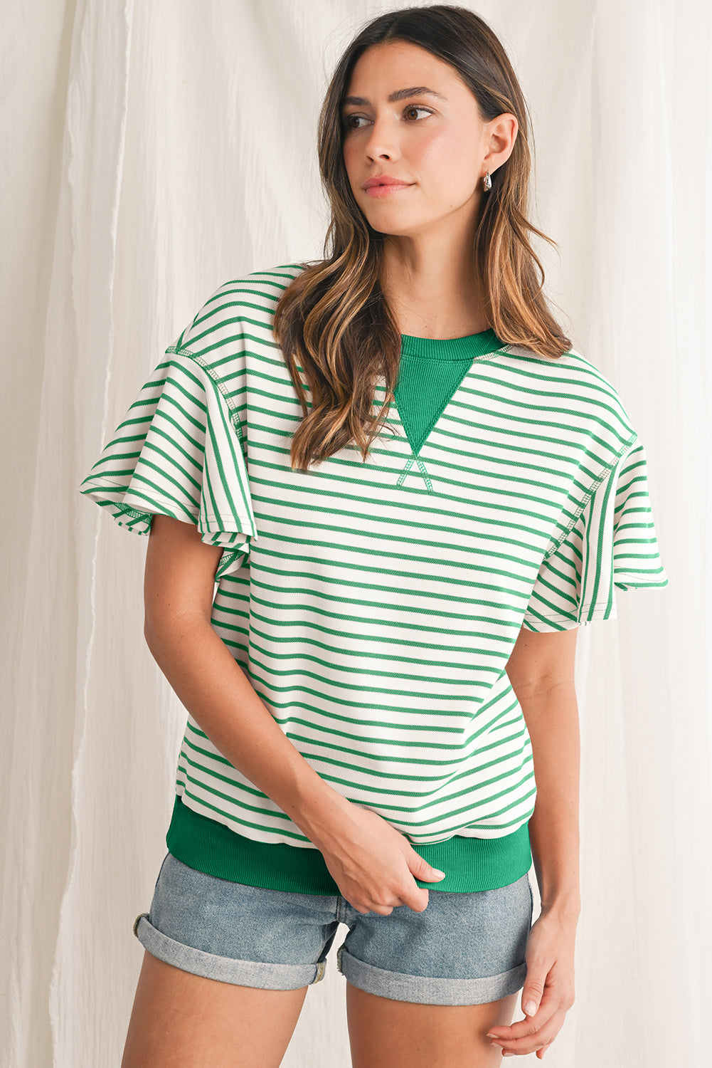 Sachet Pink Striped Ruffle Sleeve Round Neck Top – Shewin | ClozArt