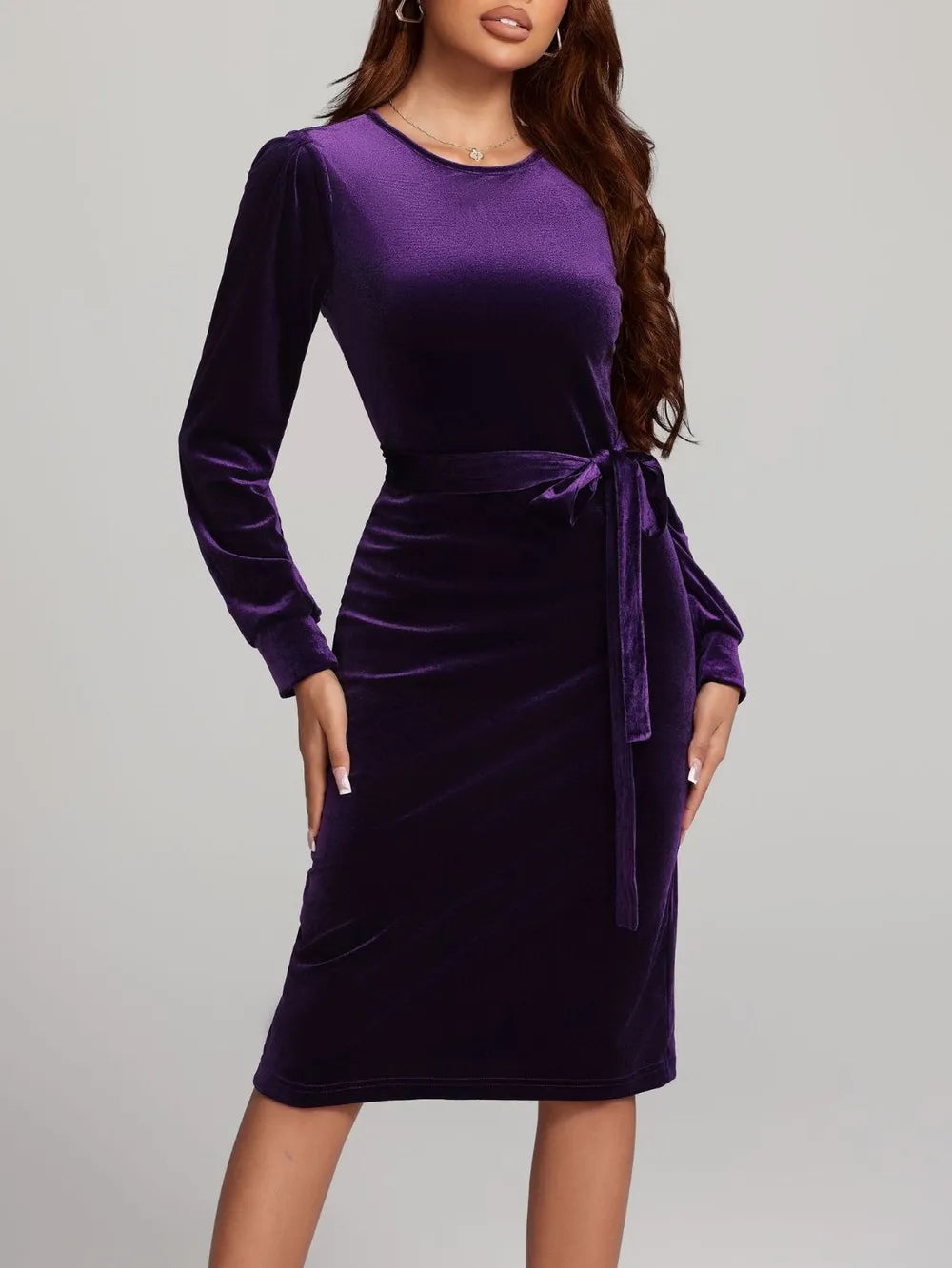 Round Neck Tie Waist Long Sleeve Velvet Dress – Trendsi | ClozArt