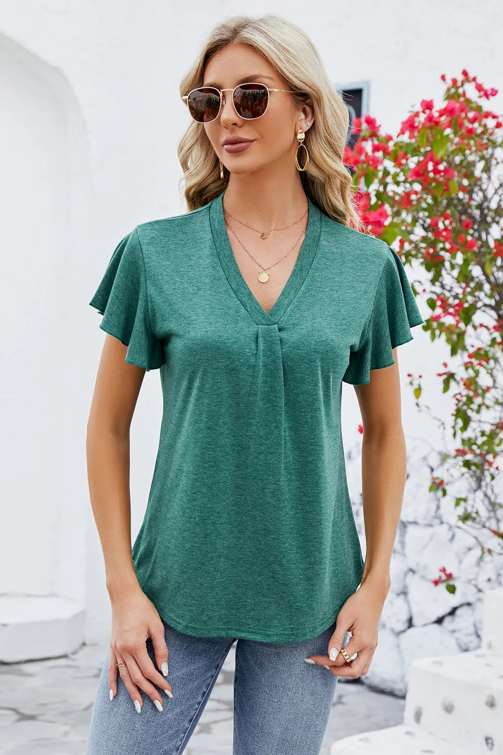V-Neck Flutter Sleeve T-Shirt – Trendsi | ClozArt