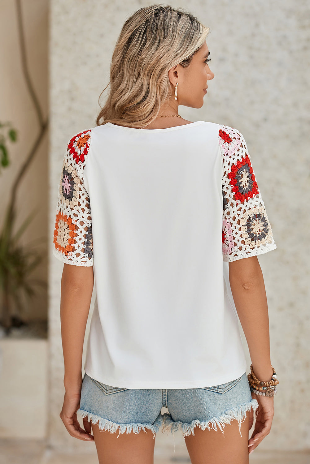White Floral Hollowed Crochet Sleeve Boho T Shirt – Shewin | ClozArt