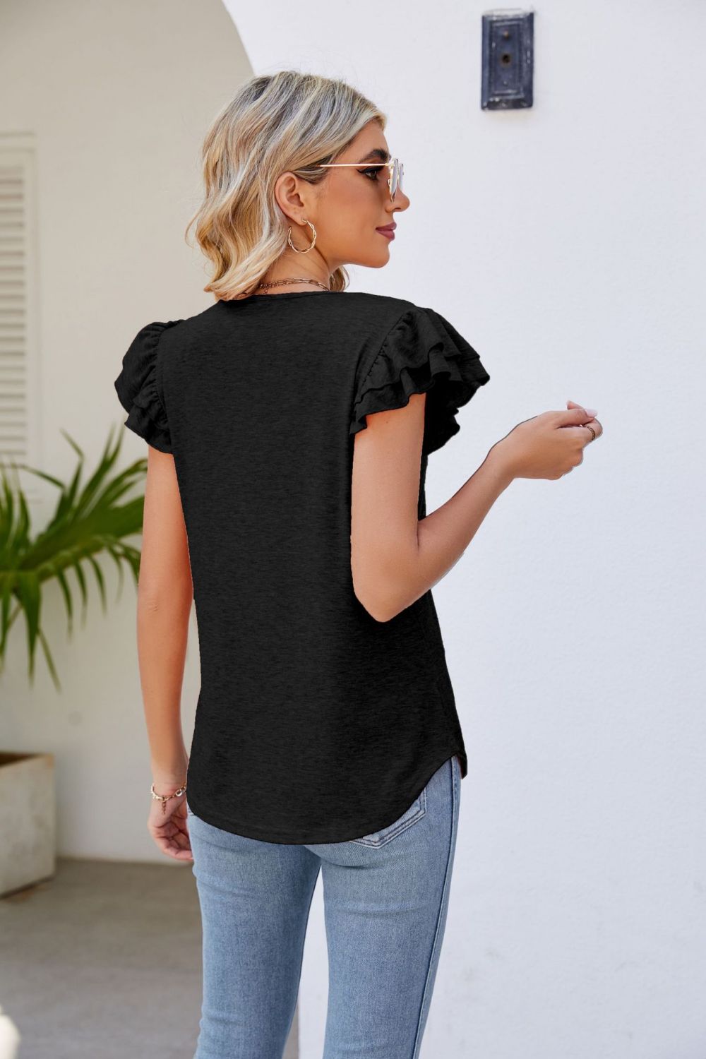 Smocked Flutter Sleeve V-Neck Top – Trendsi | ClozArt