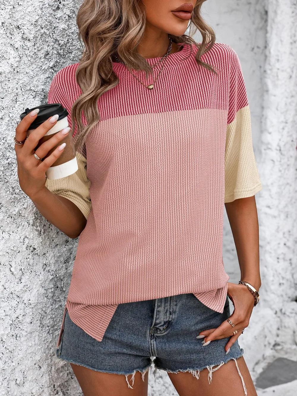 Mandy Color Block Round Neck Half Sleeve T-Shirt – Trendsi | ClozArt