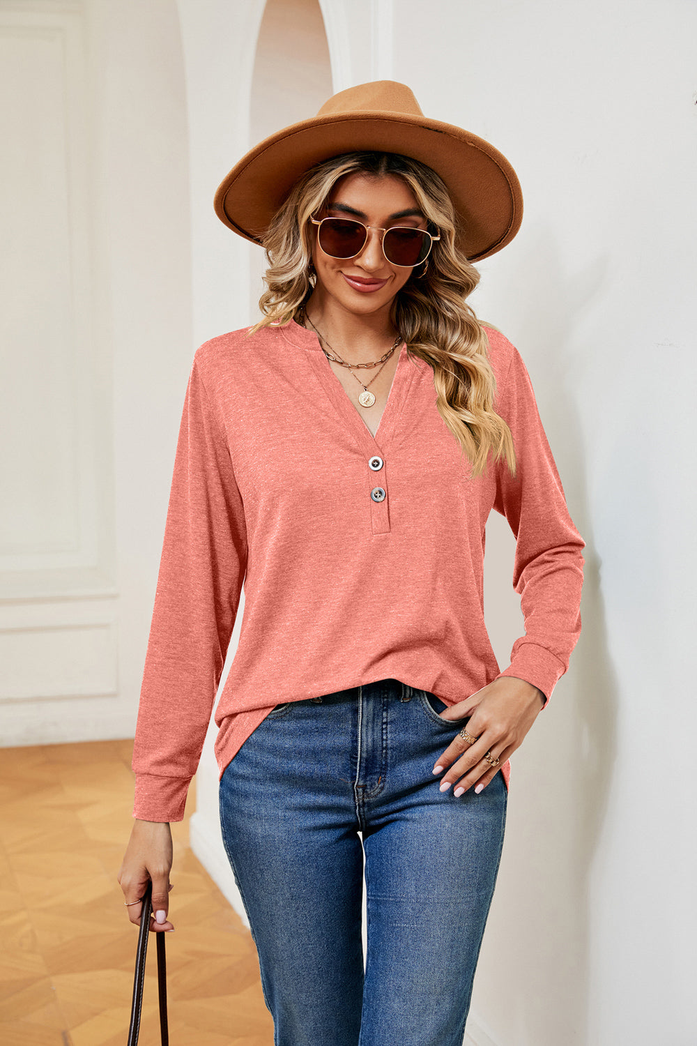 Buttoned Notched Neck Long Sleeve Top – Trendsi | ClozArt