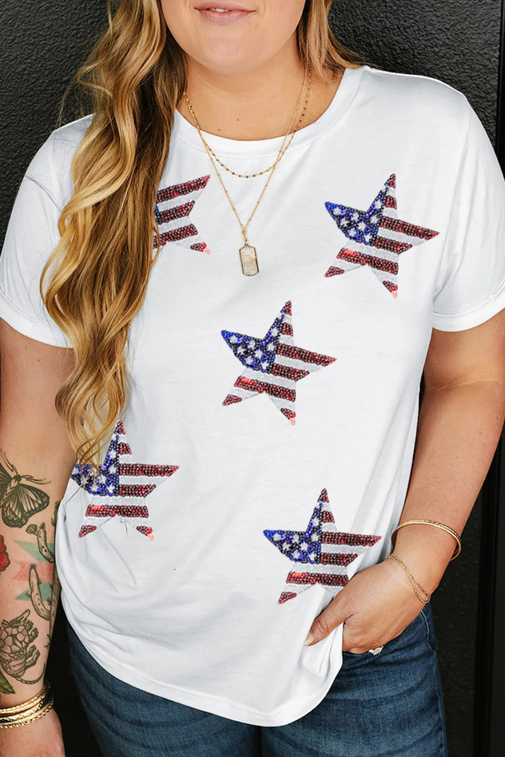 Plus Size Sequin Star Round Neck Short Sleeve T-Shirt – Trendsi | ClozArt