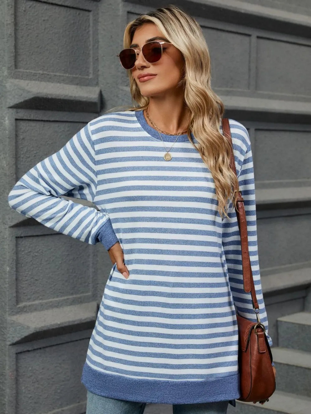 Striped Round Neck Long Sleeve T-Shirt – Trendsi | ClozArt