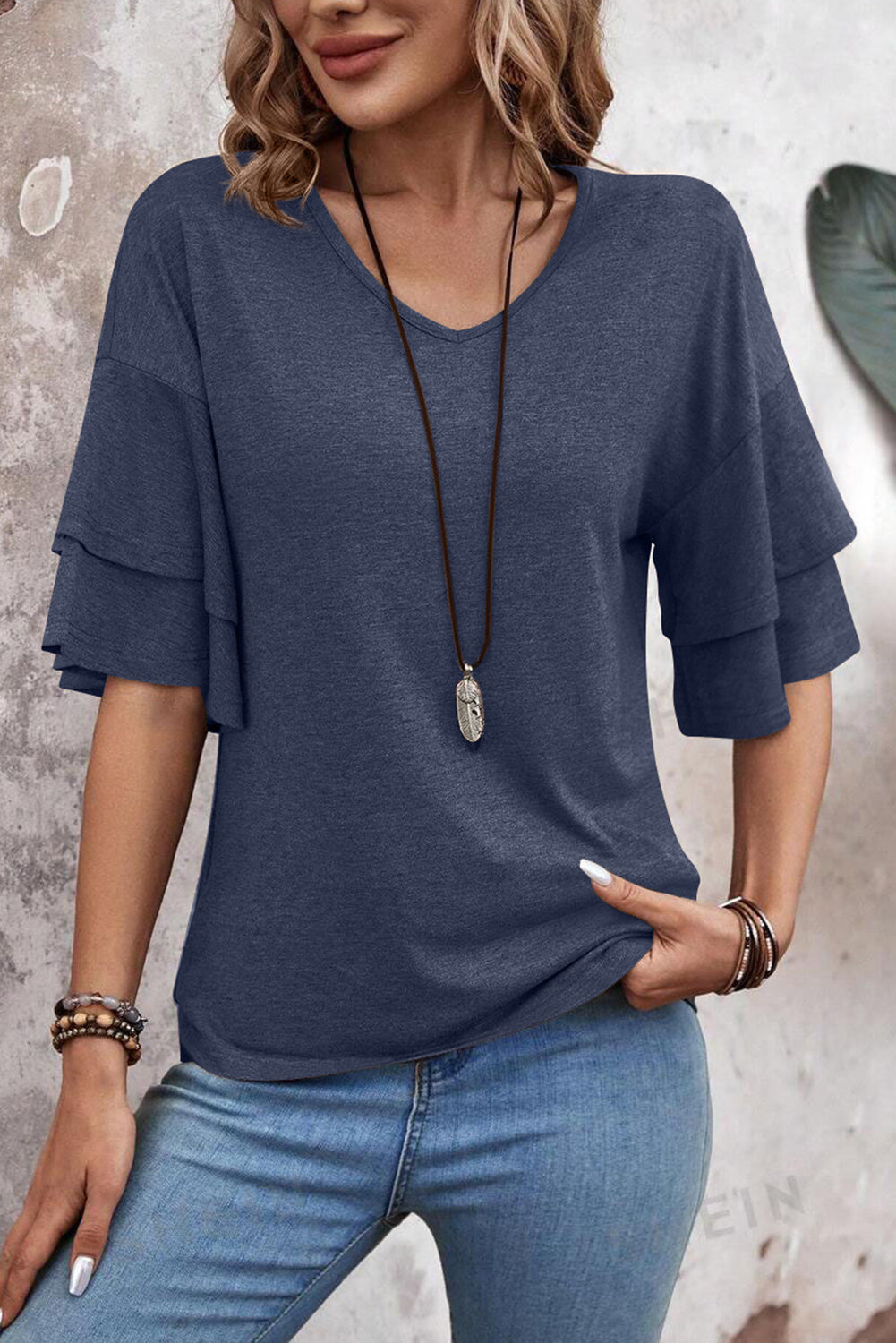 Dune Solid Color V Neck Double Layer Sleeve Loose T-Shirt – Shewin | ClozArt