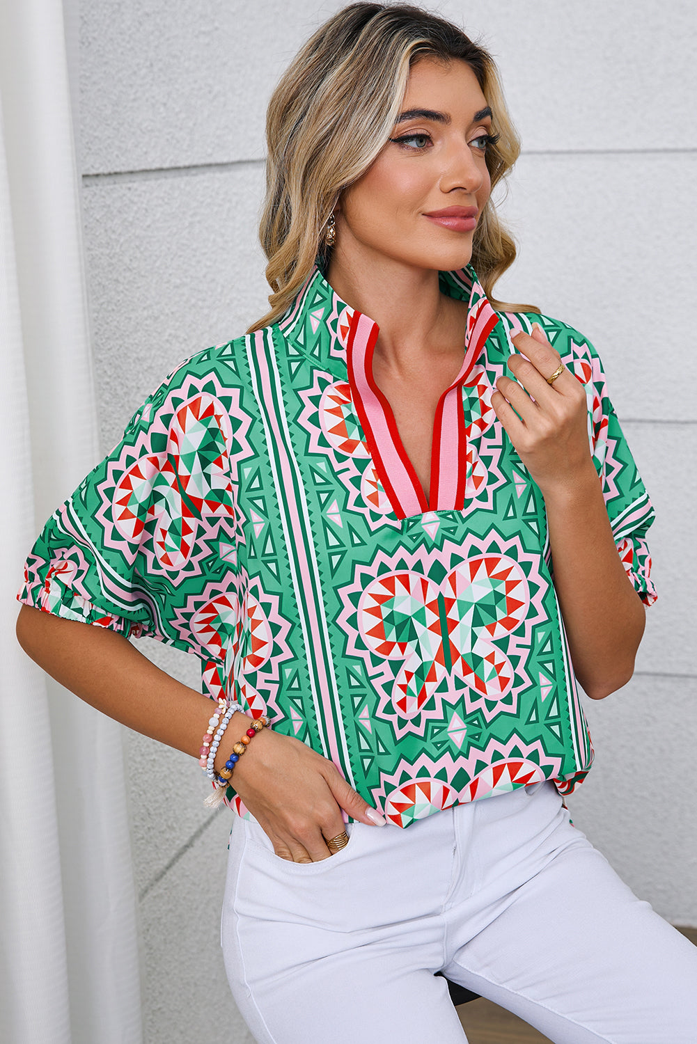 Sea Green Boho Geometric Print Pop of Color Neckline Blouse – Shewin | ClozArt