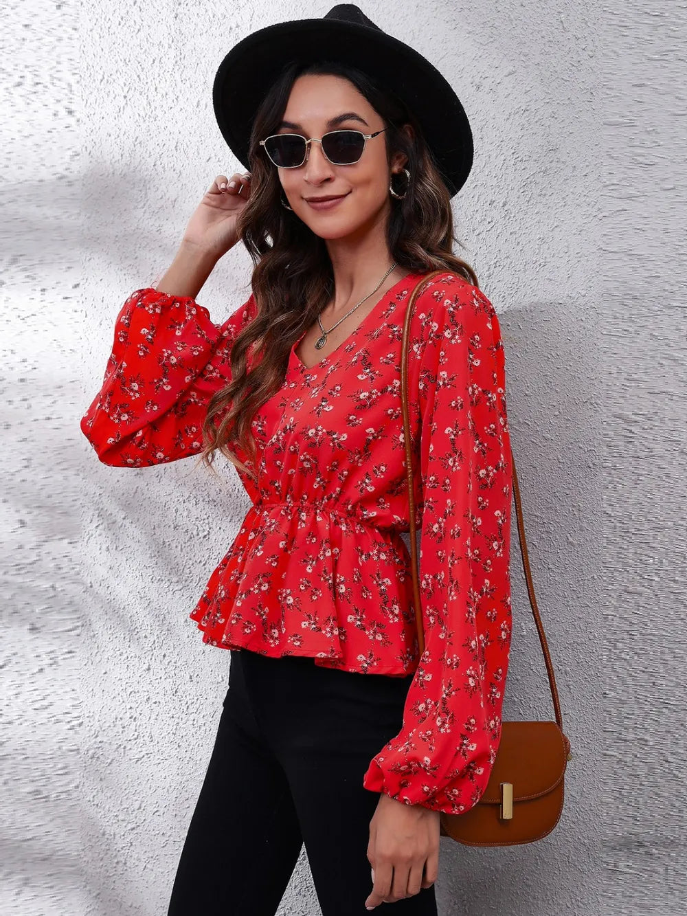 Floral V-Neck Balloon Sleeve Peplum Blouse – Trendsi | ClozArt