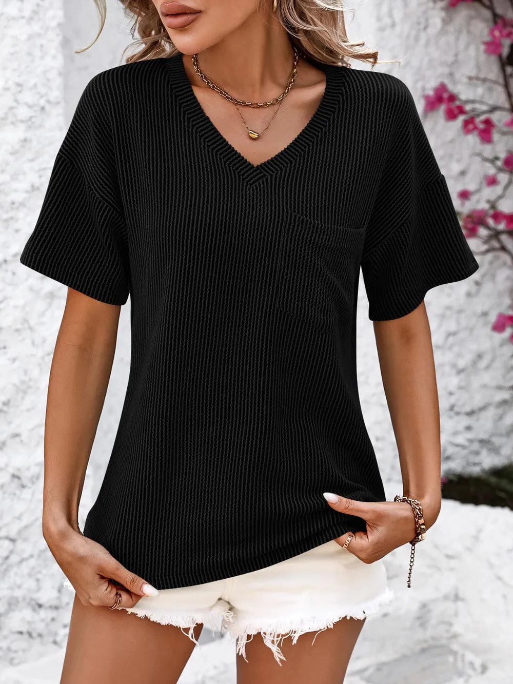 Mandy V-Neck Dropped Shoulder T-Shirt – Trendsi | ClozArt