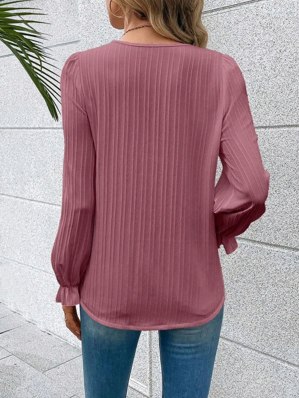 V-Neck Lace Detail Flounce Sleeve Blouse – Trendsi | ClozArt