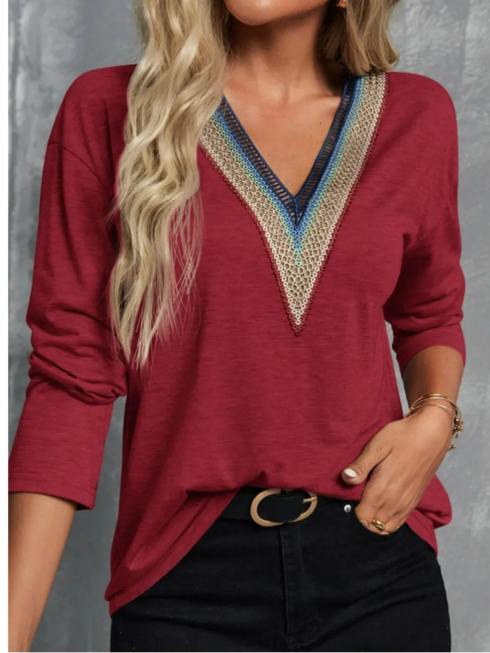 V-Neck Long Sleeve T-Shirt – Trendsi | ClozArt