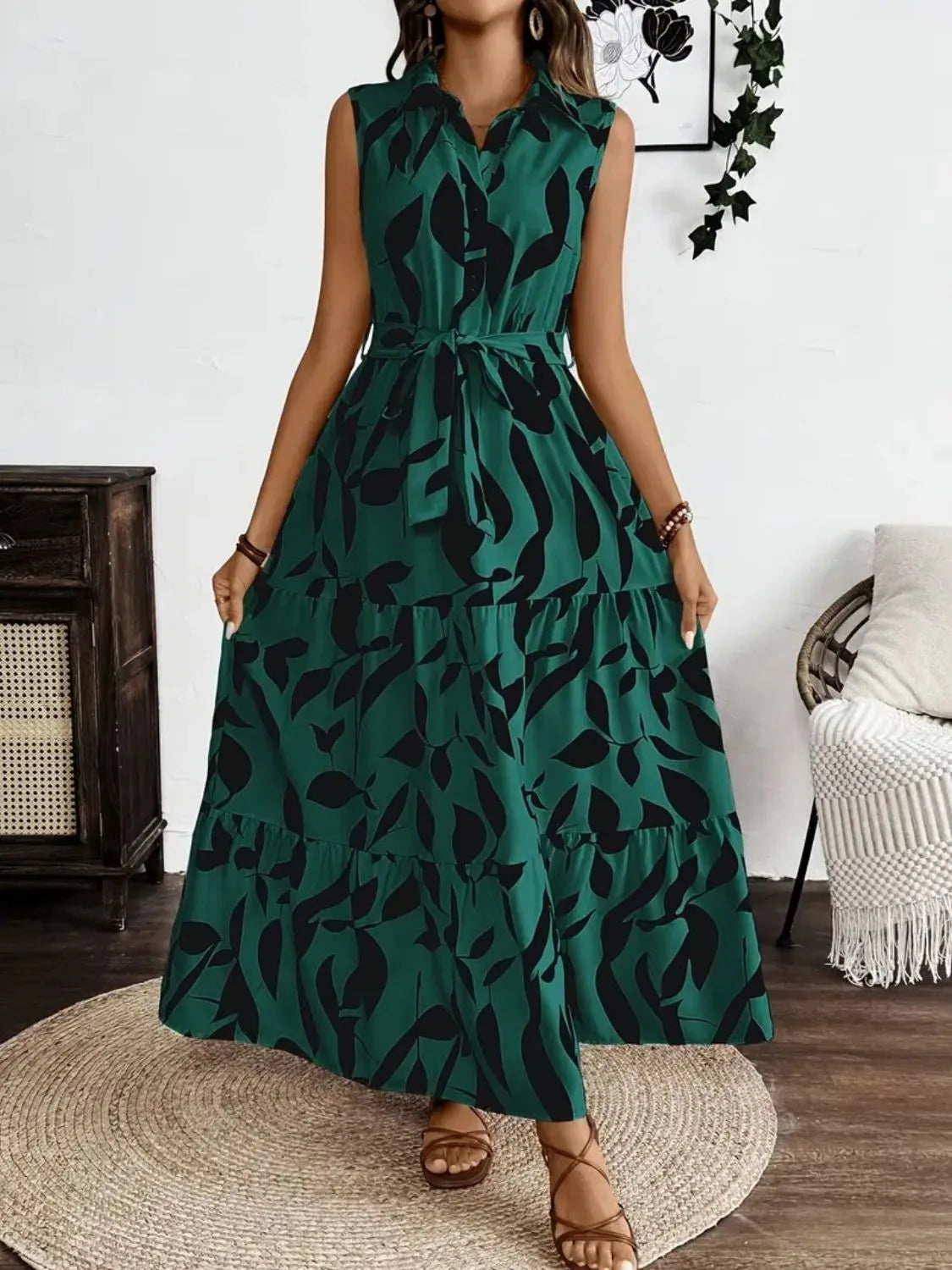 Printed Tie Waist Sleeveless Maxi Dress – Trendsi | ClozArt