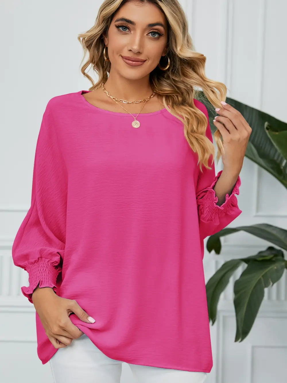 Smocked Lantern Sleeve Round Neck Blouse – Trendsi | ClozArt