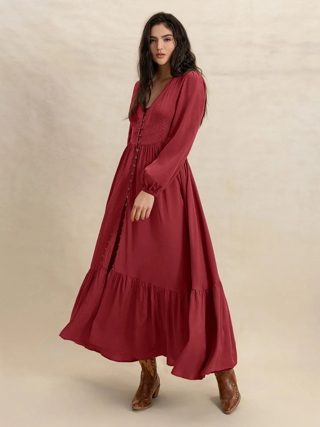 V-Neck Balloon Sleeve Ruffled Hem Maxi Dress – Trendsi | ClozArt