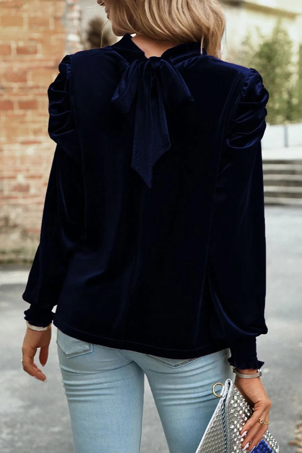 Tie Up Mock Neck Velvet Fabric Long Sleeve Blouse – Trendsi | ClozArt