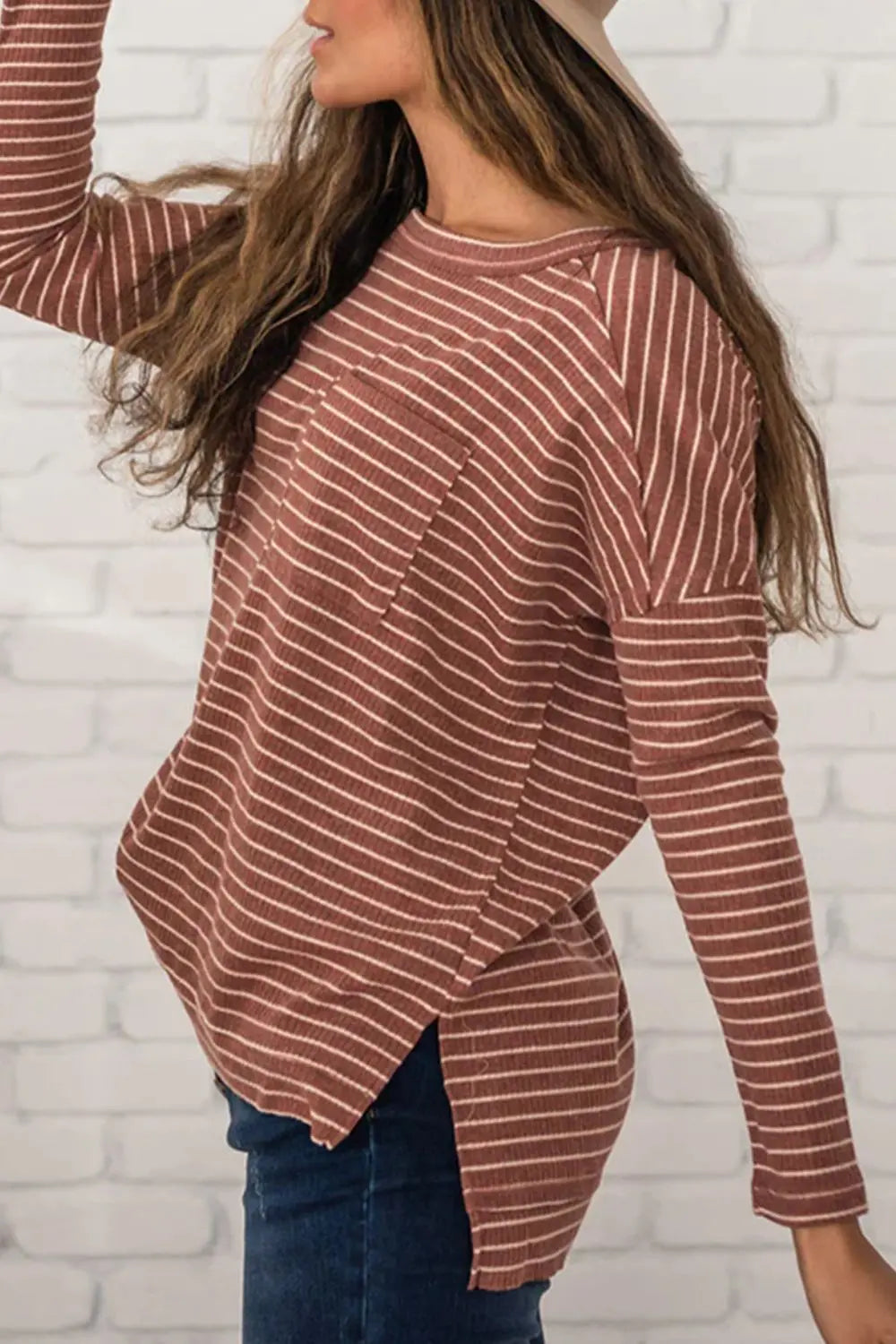 Striped Round Neck Long Sleeve Slit T-Shirt – Trendsi | ClozArt