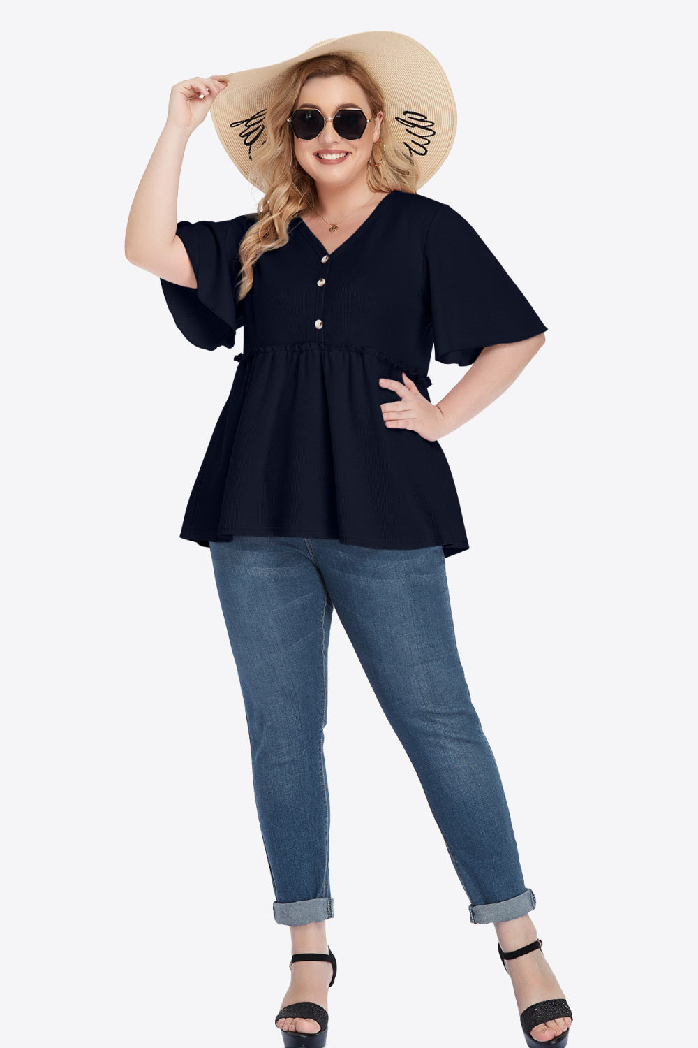 Plus Size Buttoned V-Neck Frill Trim Babydoll Blouse – Trendsi | ClozArt