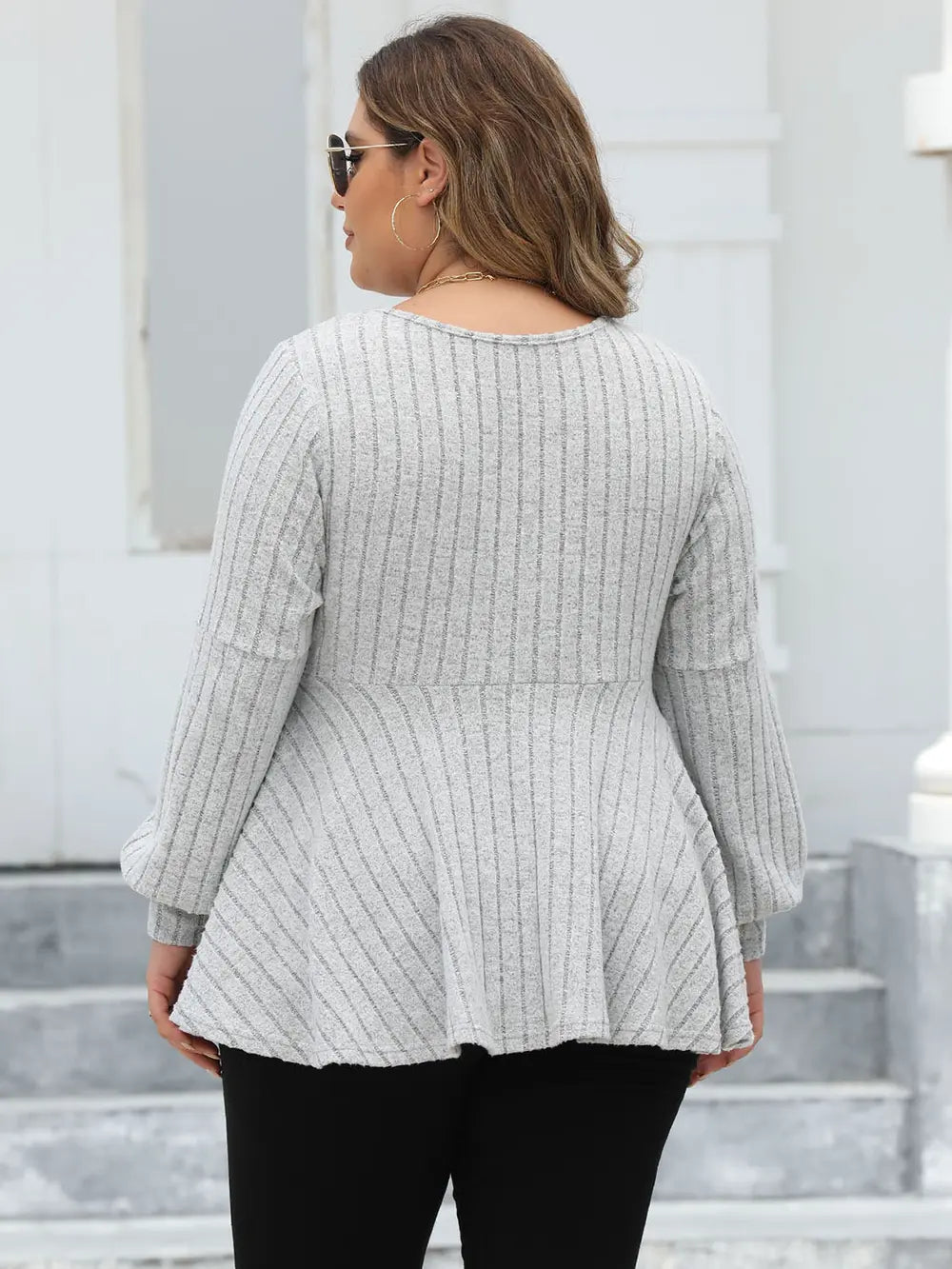 Plus Size Ribbed V-Neck Long Sleeve Blouse – Trendsi | ClozArt