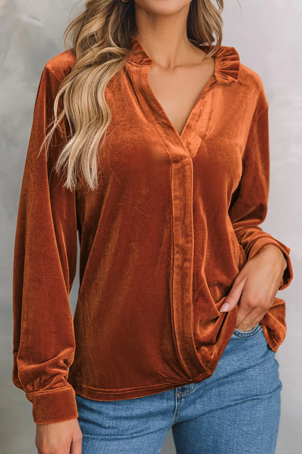 Notched Frill Detail Long Sleeve Blouse – Trendsi | ClozArt