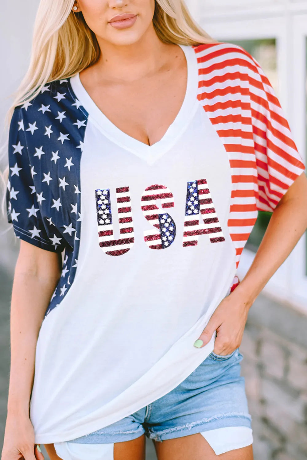 USA V-Neck Short Sleeve T-Shirt – Trendsi | ClozArt