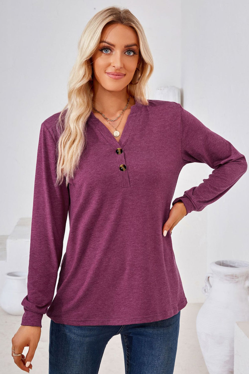 V-Neck Buttoned Long Sleeve Blouse – Trendsi | ClozArt