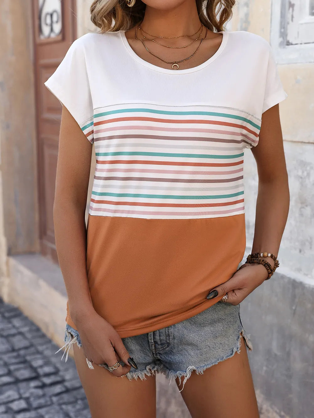 Perfee Striped Round Neck Short Sleeve T-Shirt – Trendsi | ClozArt