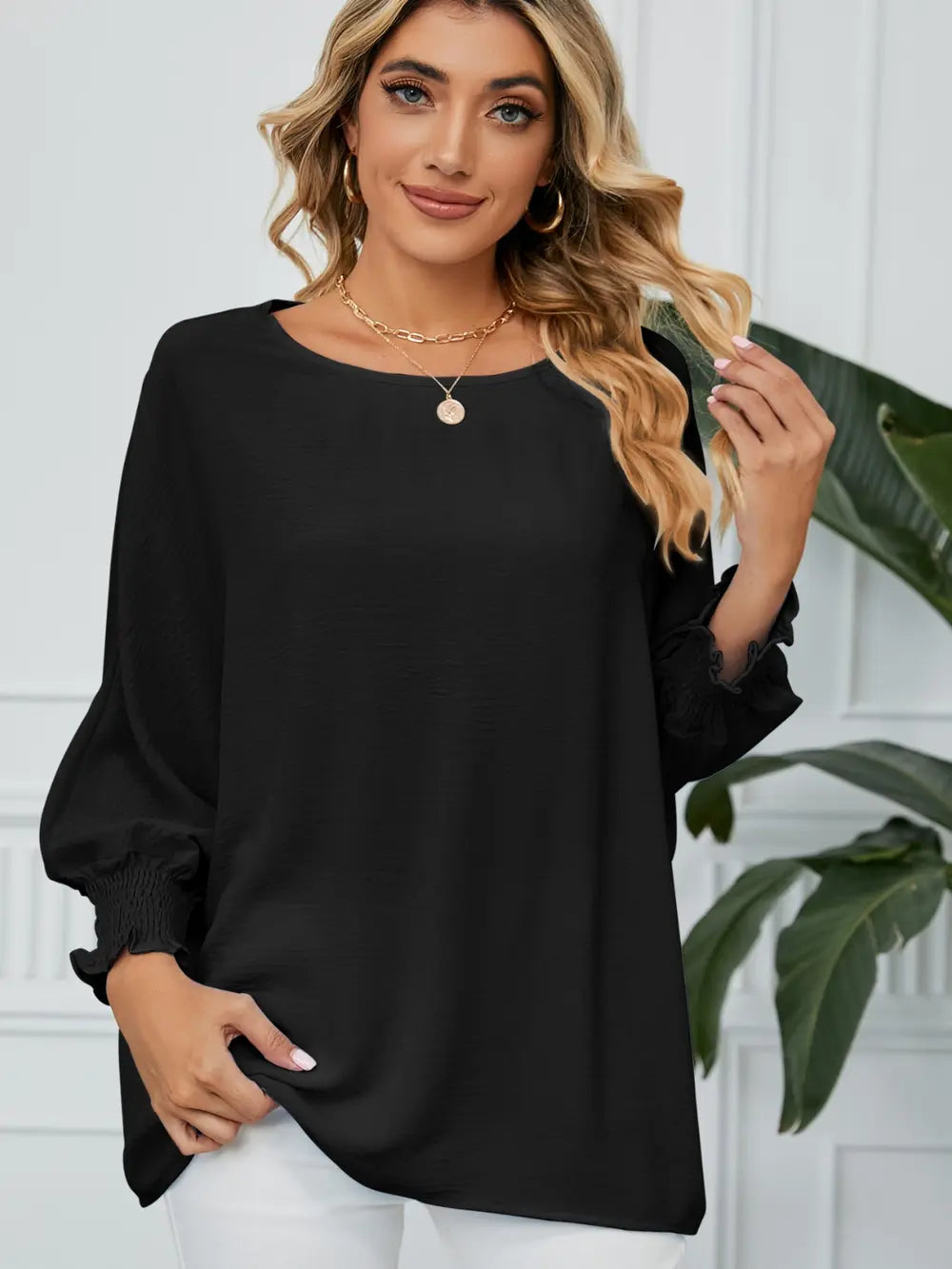 Smocked Lantern Sleeve Round Neck Blouse – Trendsi | ClozArt