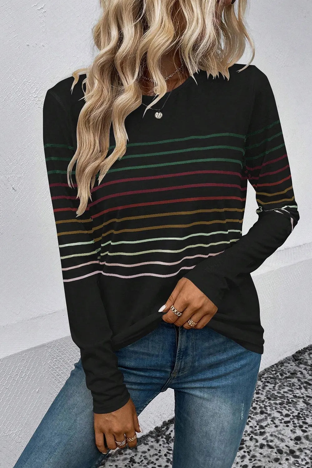 Striped Round Neck Long Sleeve T-Shirt – Trendsi | ClozArt