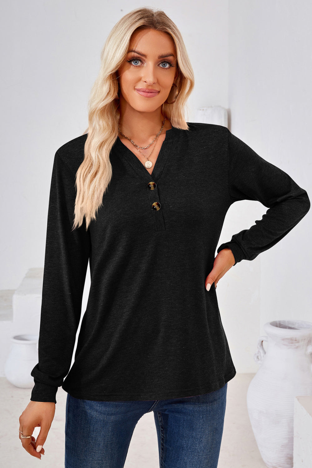 V-Neck Buttoned Long Sleeve Blouse – Trendsi | ClozArt