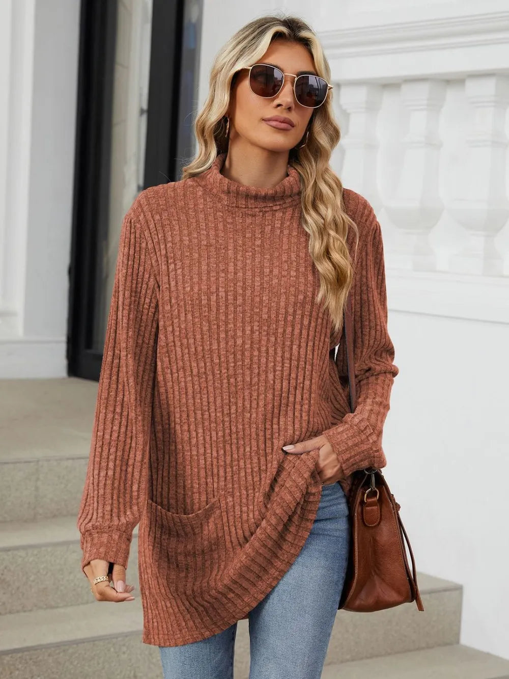 Ribbed Mock Neck Long Sleeve T-Shirt – Trendsi | ClozArt