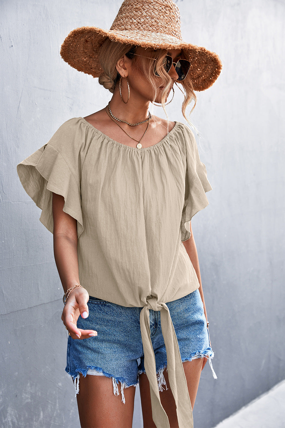 Flutter Sleeve Tie-Front Blouse – Trendsi | ClozArt