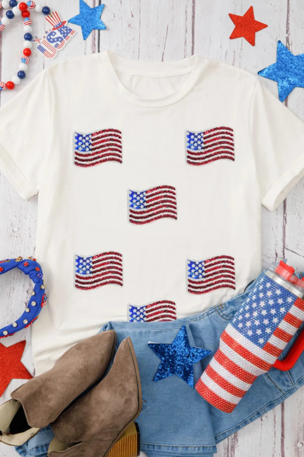 Sequin American Flag Patched Casual T Shirt – Trendsi | ClozArt