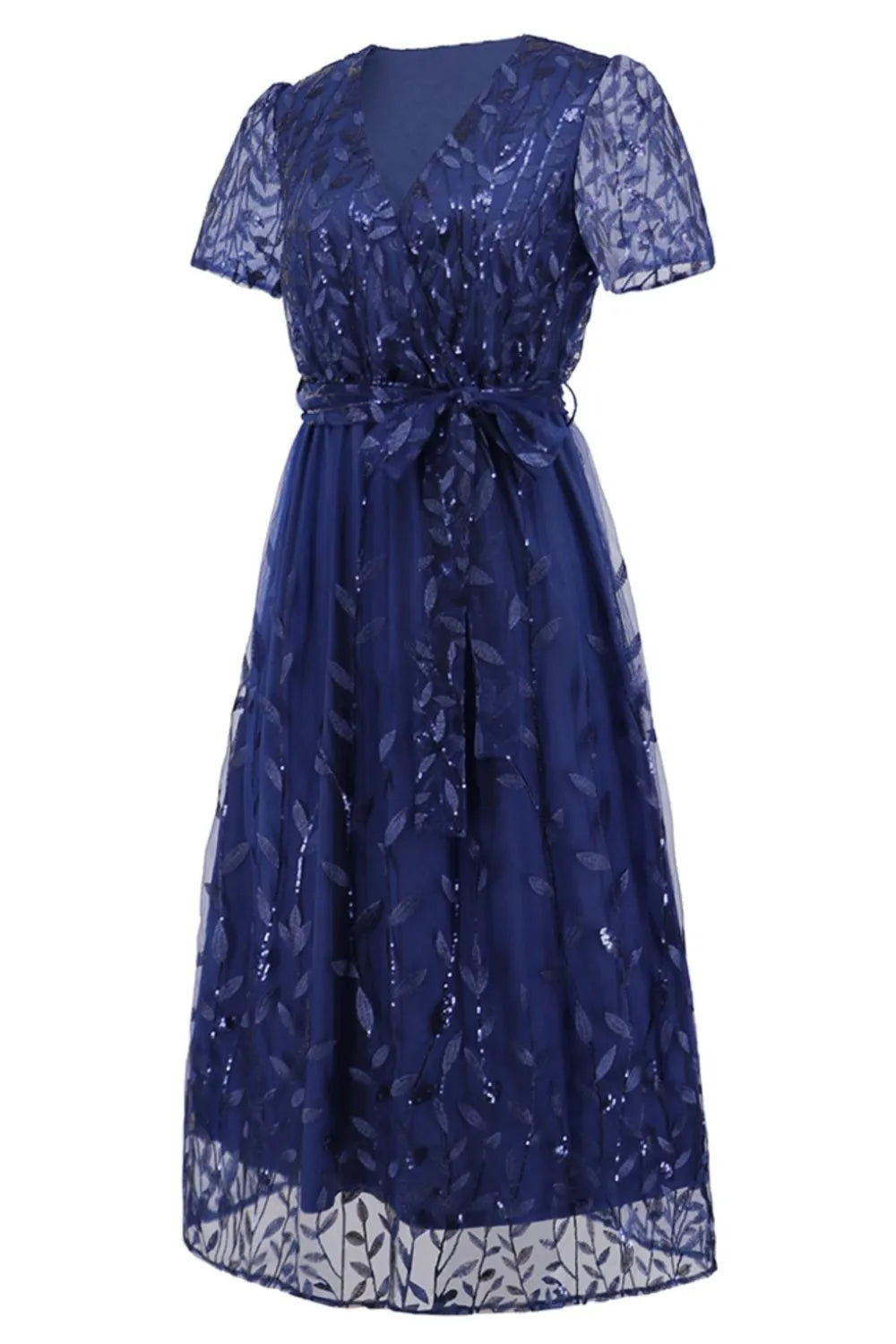 Sequin Leaf Embroidery Tie Front Short Sleeve Dress – Trendsi | ClozArt