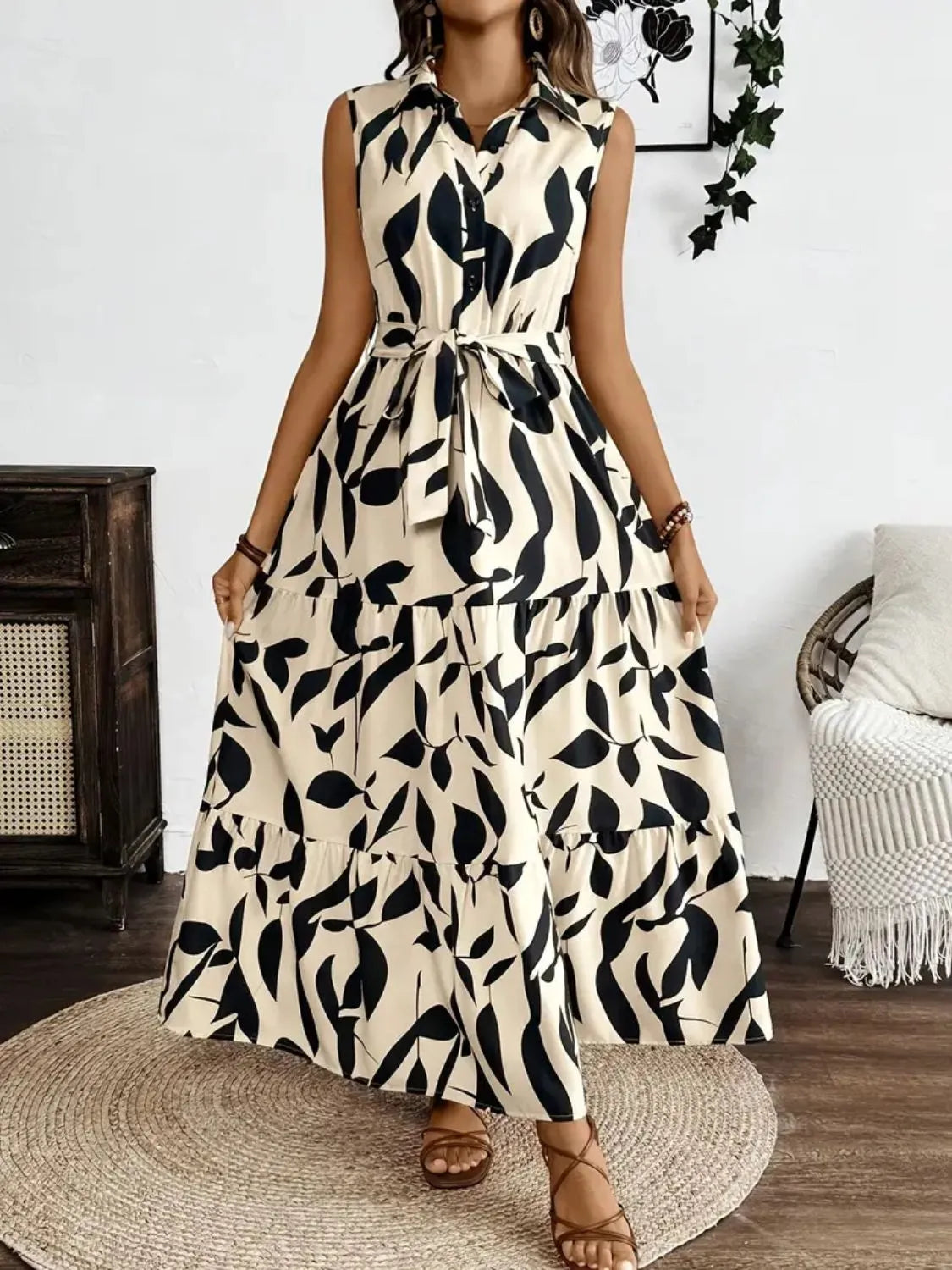 Printed Tie Waist Sleeveless Maxi Dress – Trendsi | ClozArt