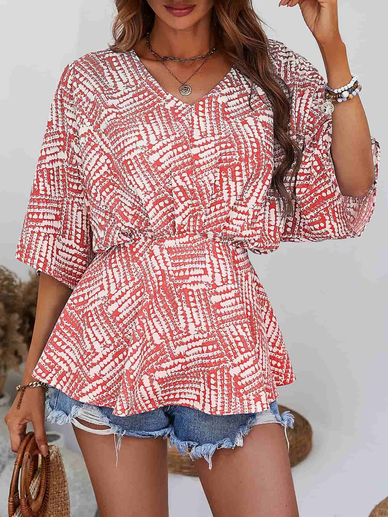 Printed V-Neck Dolman Sleeve Blouse – Trendsi | ClozArt