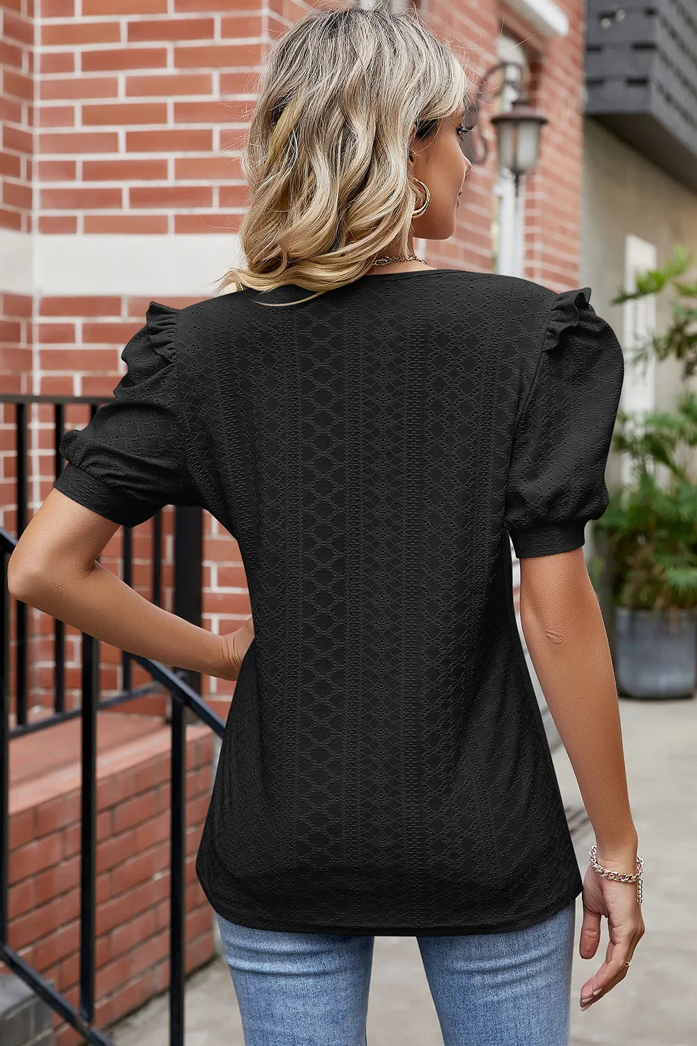 Eyelet Ruffled Round Neck T-Shirt – Trendsi | ClozArt