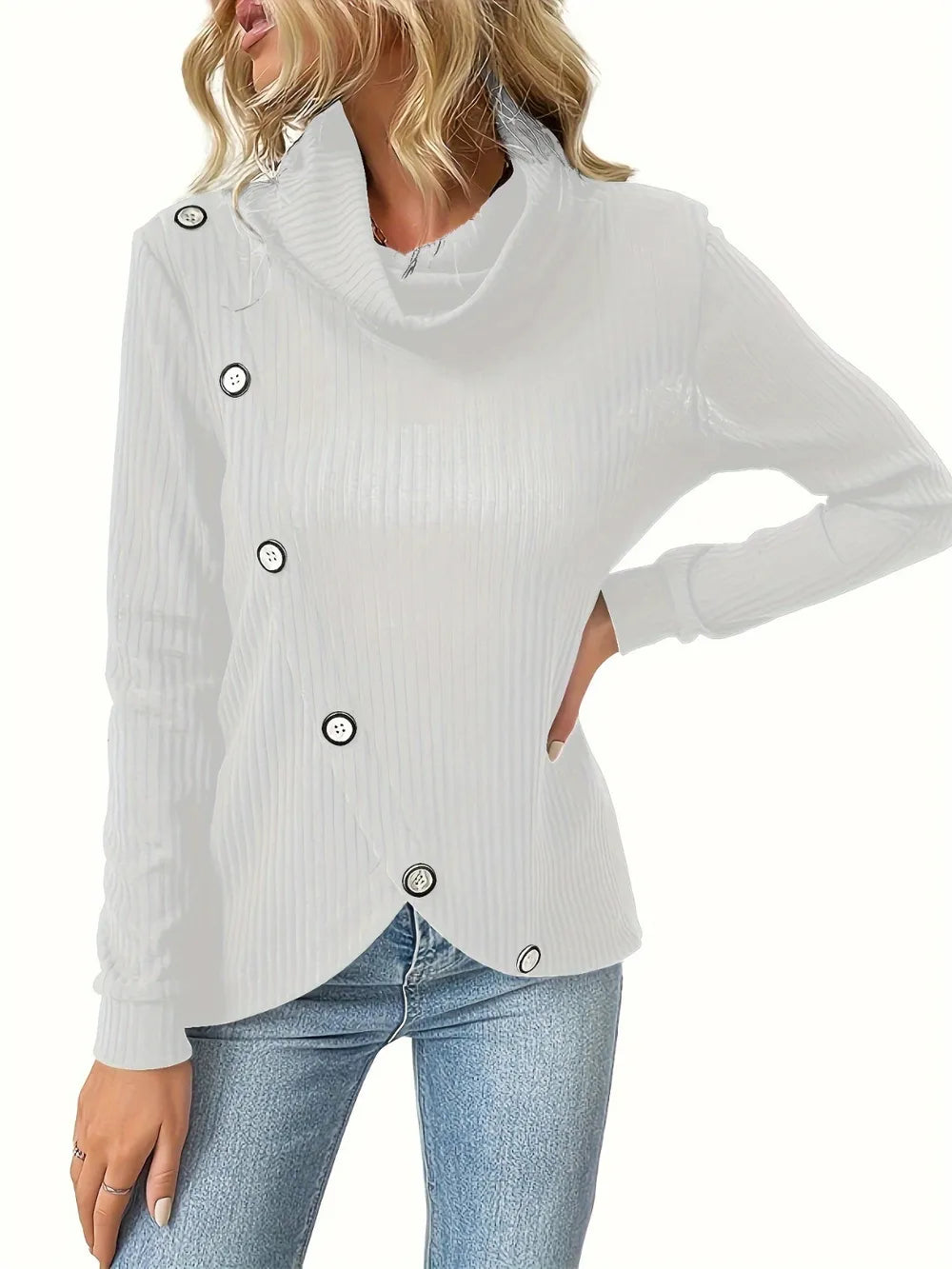 Decorative Button Turtleneck Long Sleeve T-Shirt – Trendsi | ClozArt