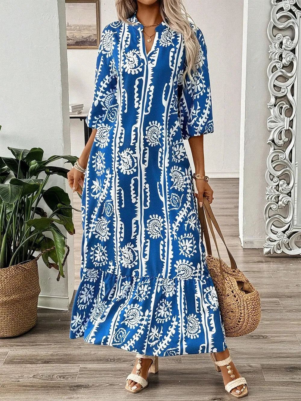 Printed Notched Half Sleeve Maxi Dress – Trendsi | ClozArt