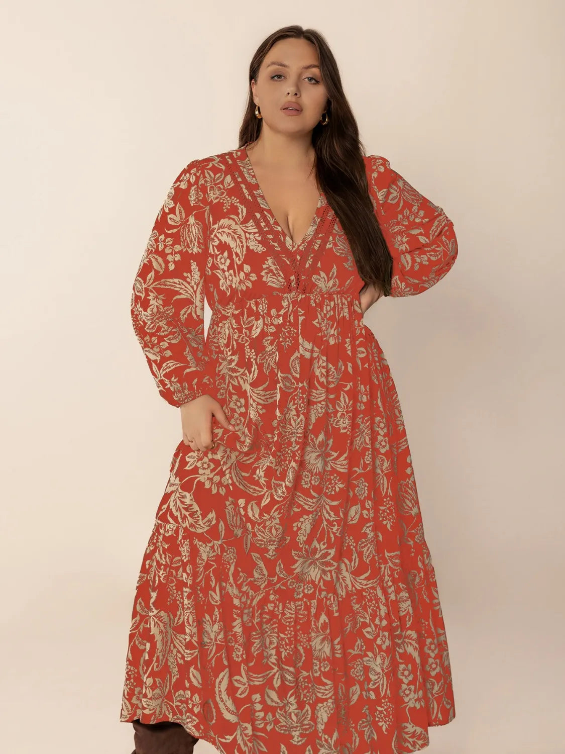 Plus Size Lace Detail Printed Balloon Sleeve Midi Dress – Trendsi | ClozArt