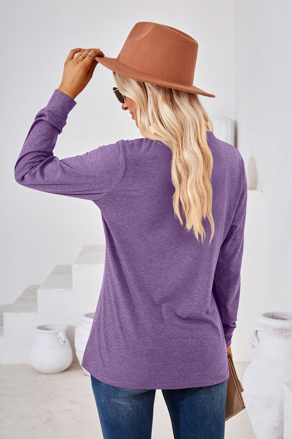 V-Neck Buttoned Long Sleeve Blouse – Trendsi | ClozArt