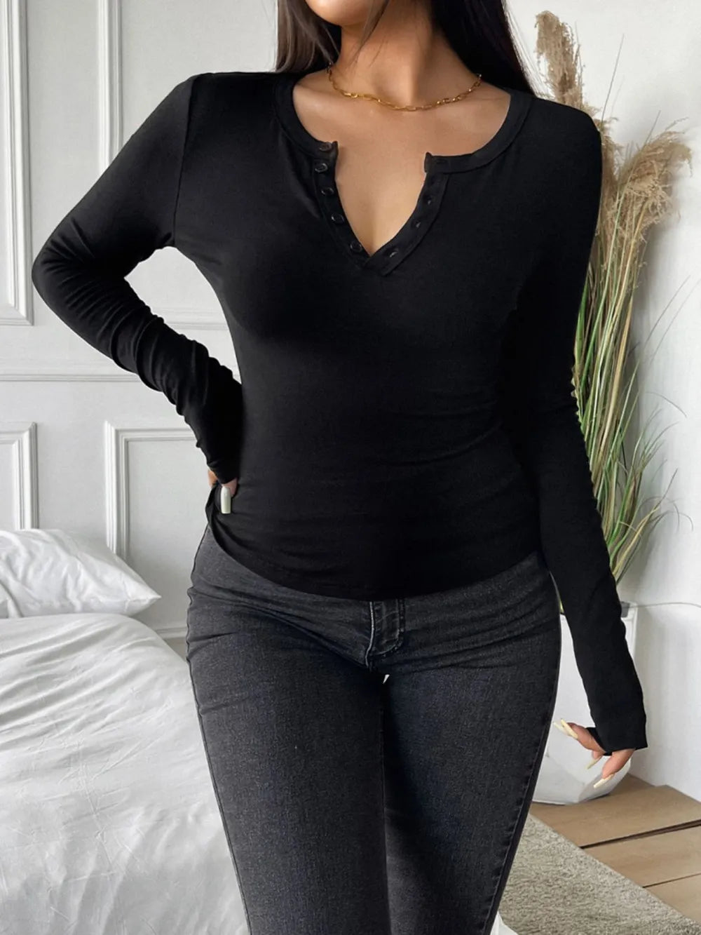 Devine Quarter Button Long Sleeve T-Shirt – Trendsi | ClozArt