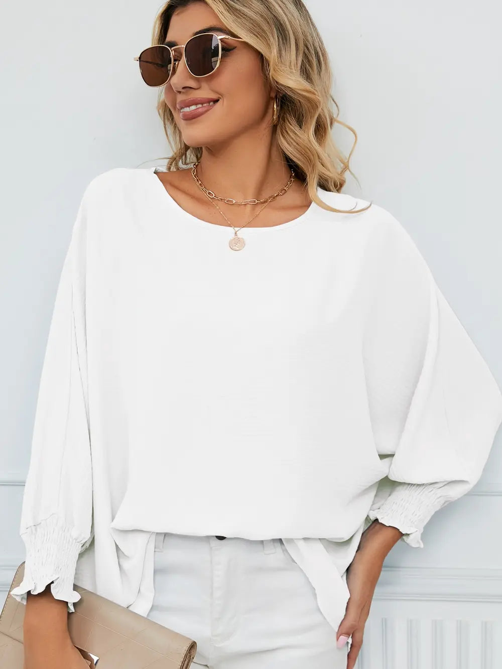 Smocked Lantern Sleeve Round Neck Blouse – Trendsi | ClozArt