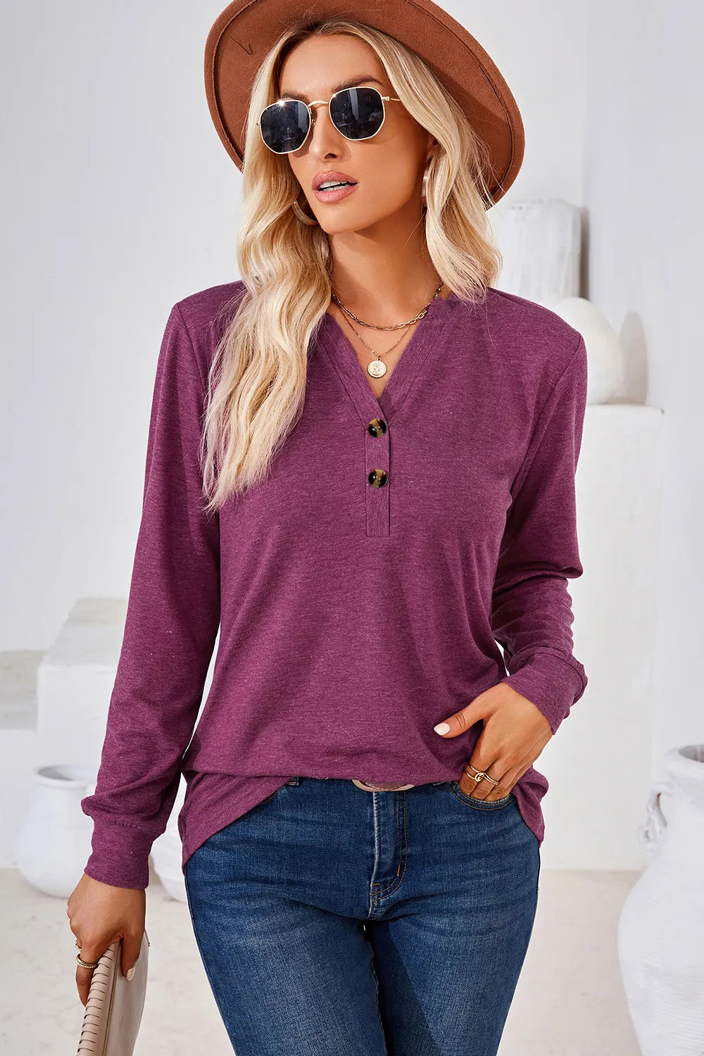 Notched Long Sleeve T-Shirt – Trendsi | ClozArt