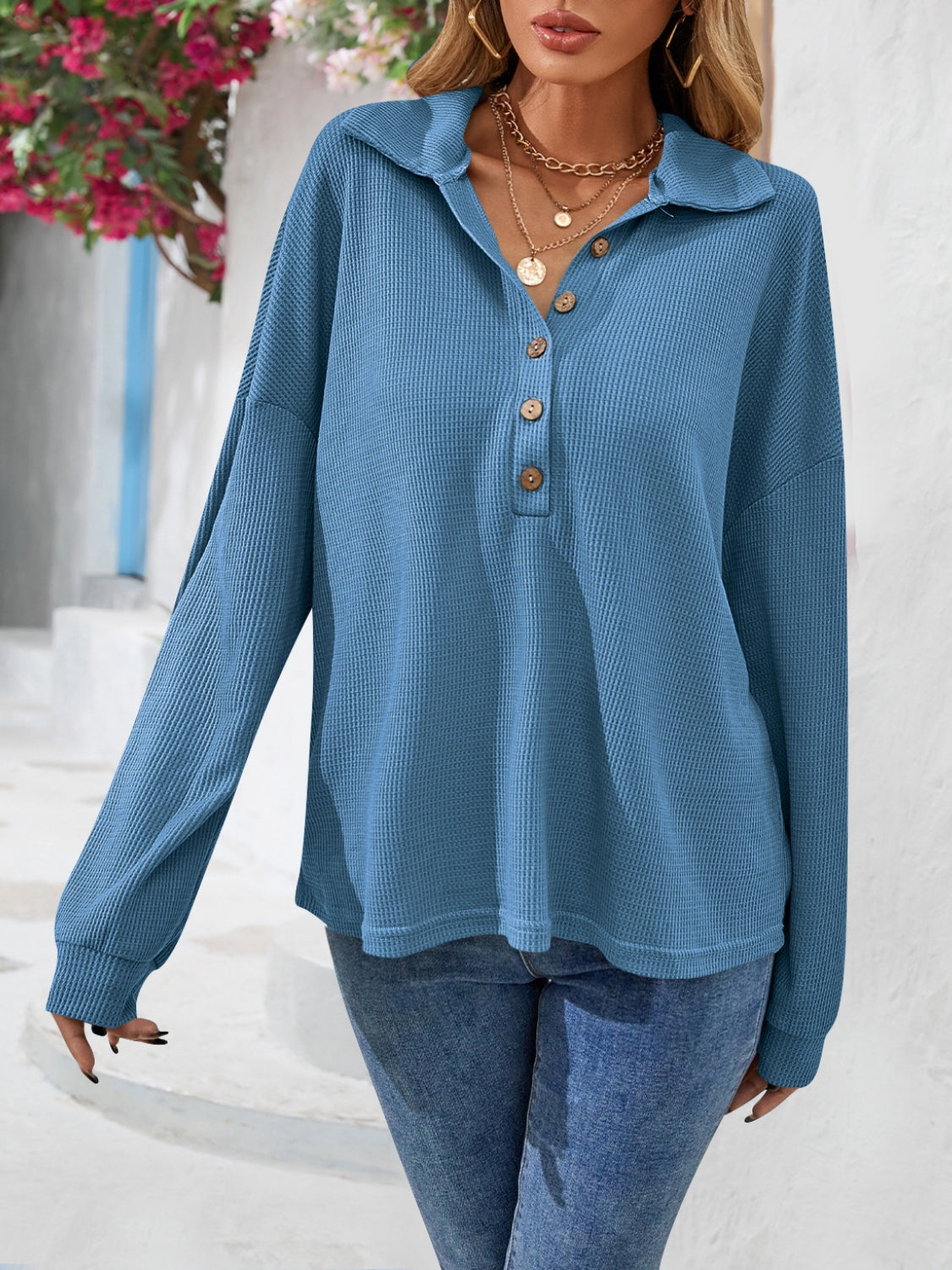 Half Button Collared Neck Long Sleeve Top – Trendsi | ClozArt