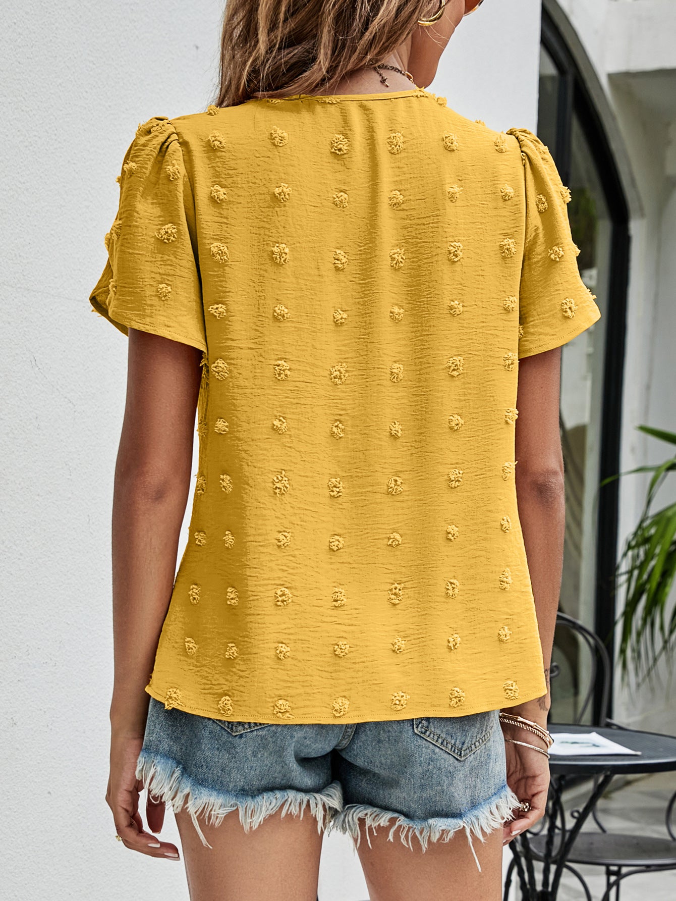 Swiss Dot Round Neck Petal Sleeve Top – Trendsi | ClozArt