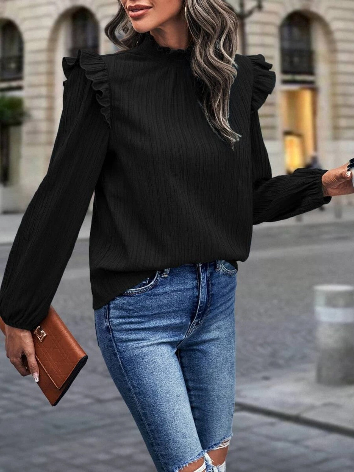 Mock Neck Ruffle Shoulder Blouse – Trendsi | ClozArt