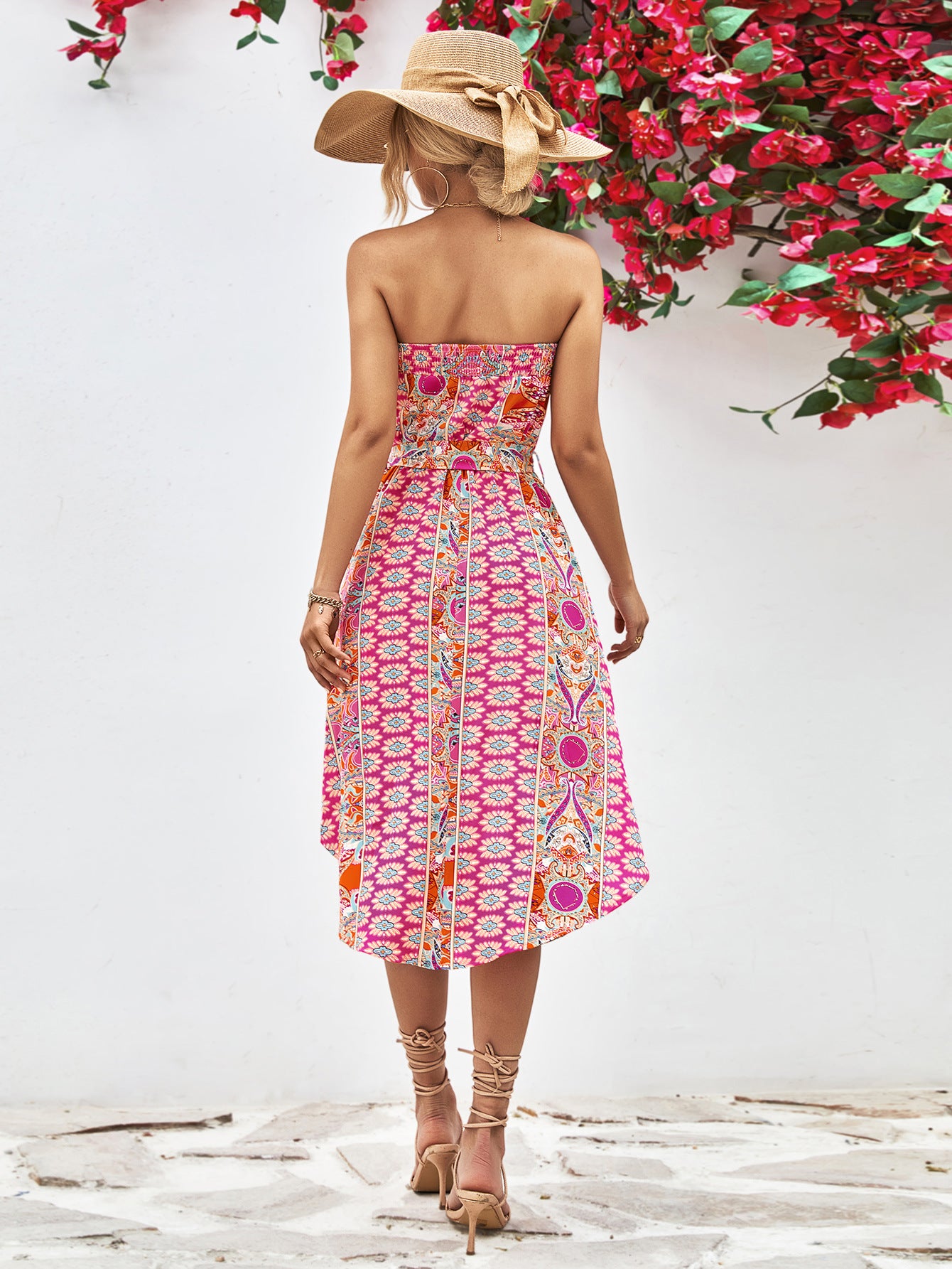 Printed Strapless Tie Belt Dress – Trendsi | ClozArt