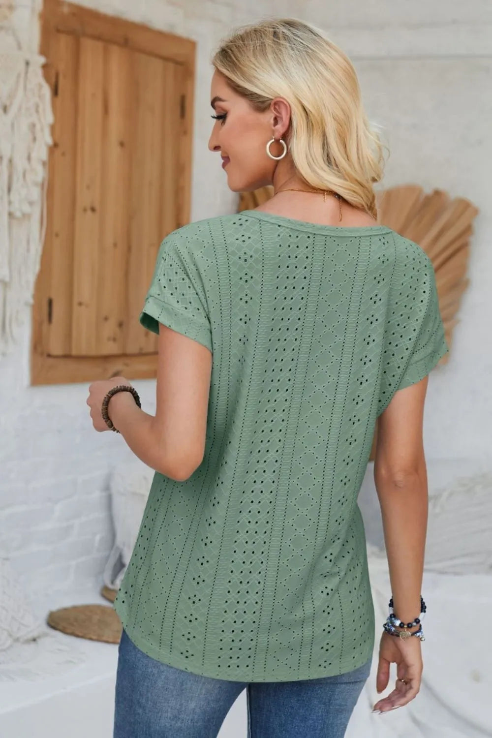 Eyelet Round Neck Rolled Short Sleeve T-Shirt – Trendsi | ClozArt