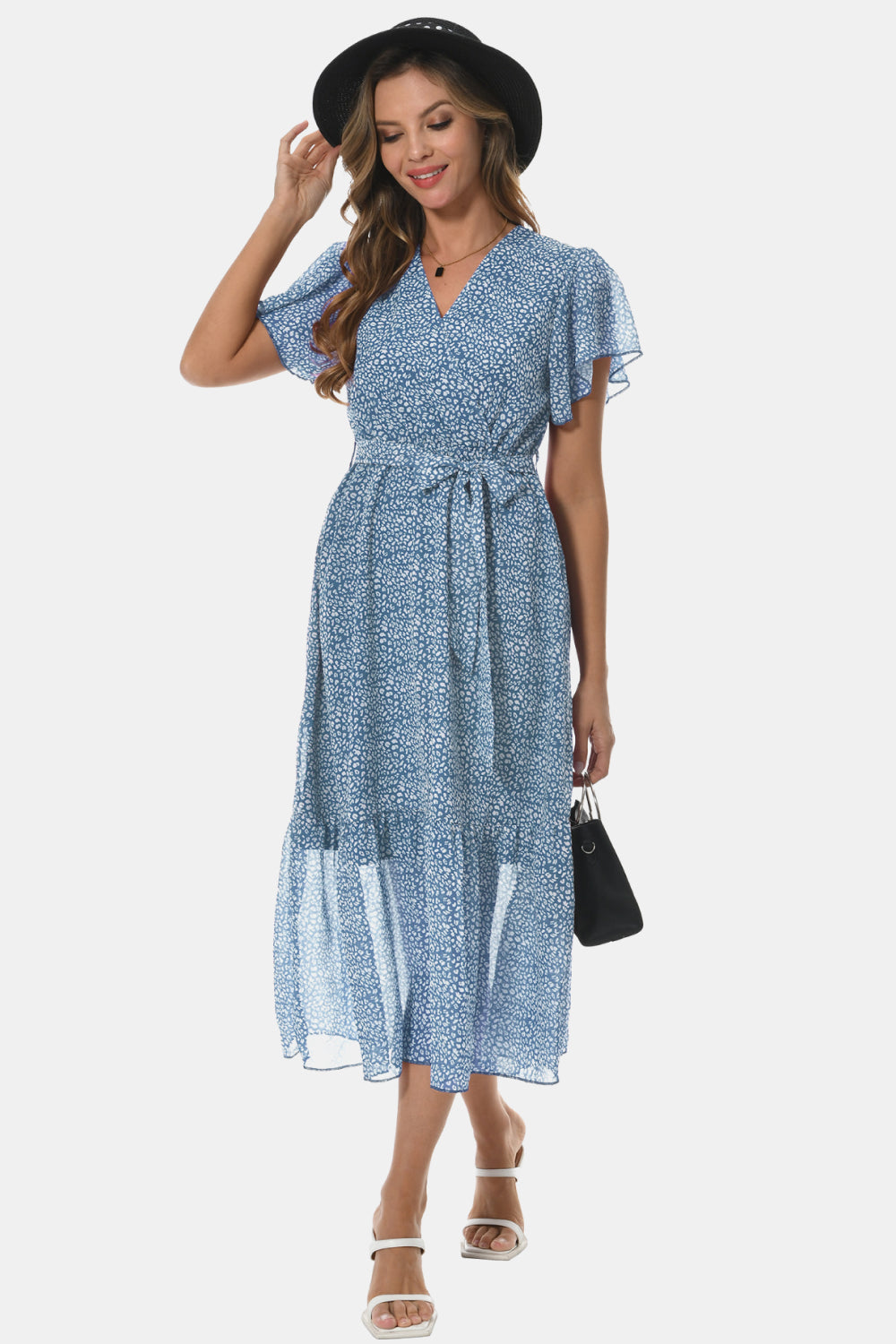 Surplice Neck Flutter Sleeve Tied Dress – Trendsi | ClozArt
