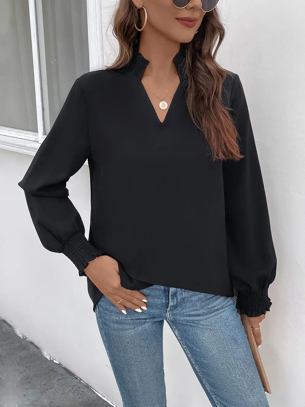 Perfee Smocked Notched Long Sleeve Blouse – Trendsi | ClozArt